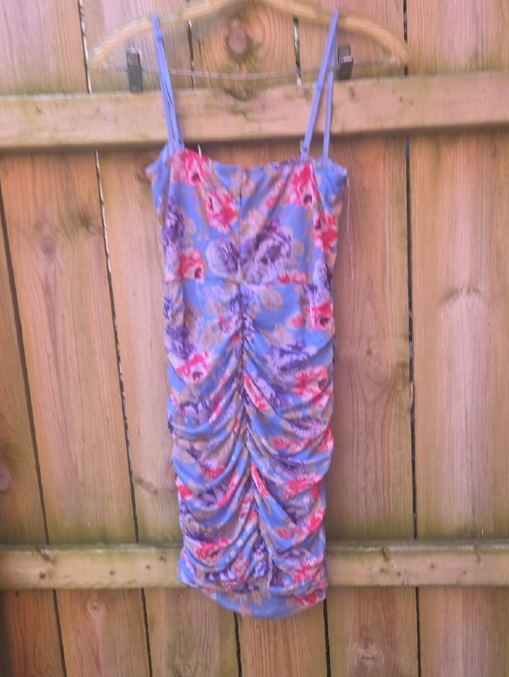 SHEIN Blue Floral Ruched Spaghetti-Strap Mini Dress - Picture 4 of 4